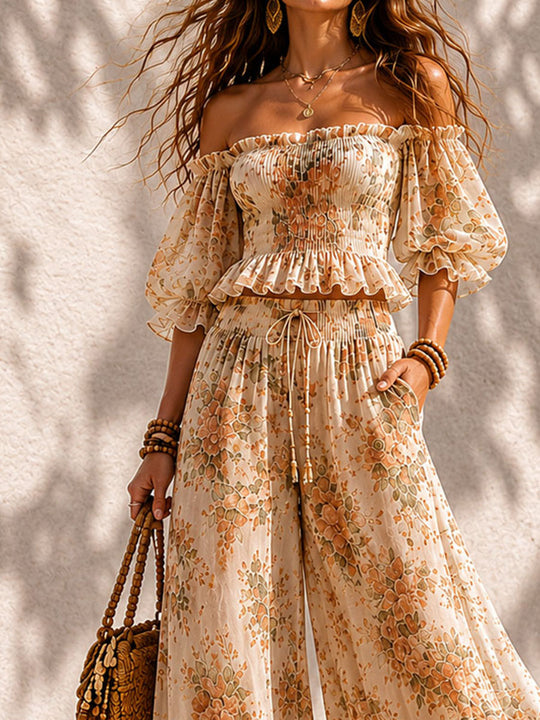 Boho Floral Off-Shoulder Smocked Top & Wide-Leg Pants Two-Piece Set