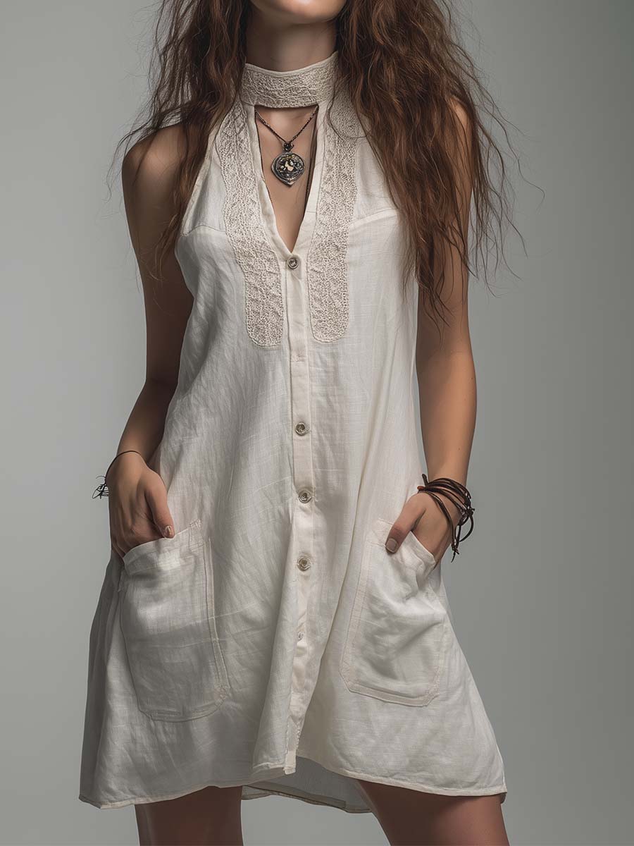 Off-White Linen-Cotton Blend Embroidered Halter Tunic Dress