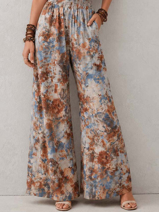 Terracotta & Blue Abstract Floral Halter Smocked-Waist Wide-Leg Jumpsuit