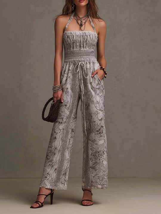 Off-White Sketch Print Cotton-Blend Halter Smocked-Waist Wide-Leg Jumpsuit