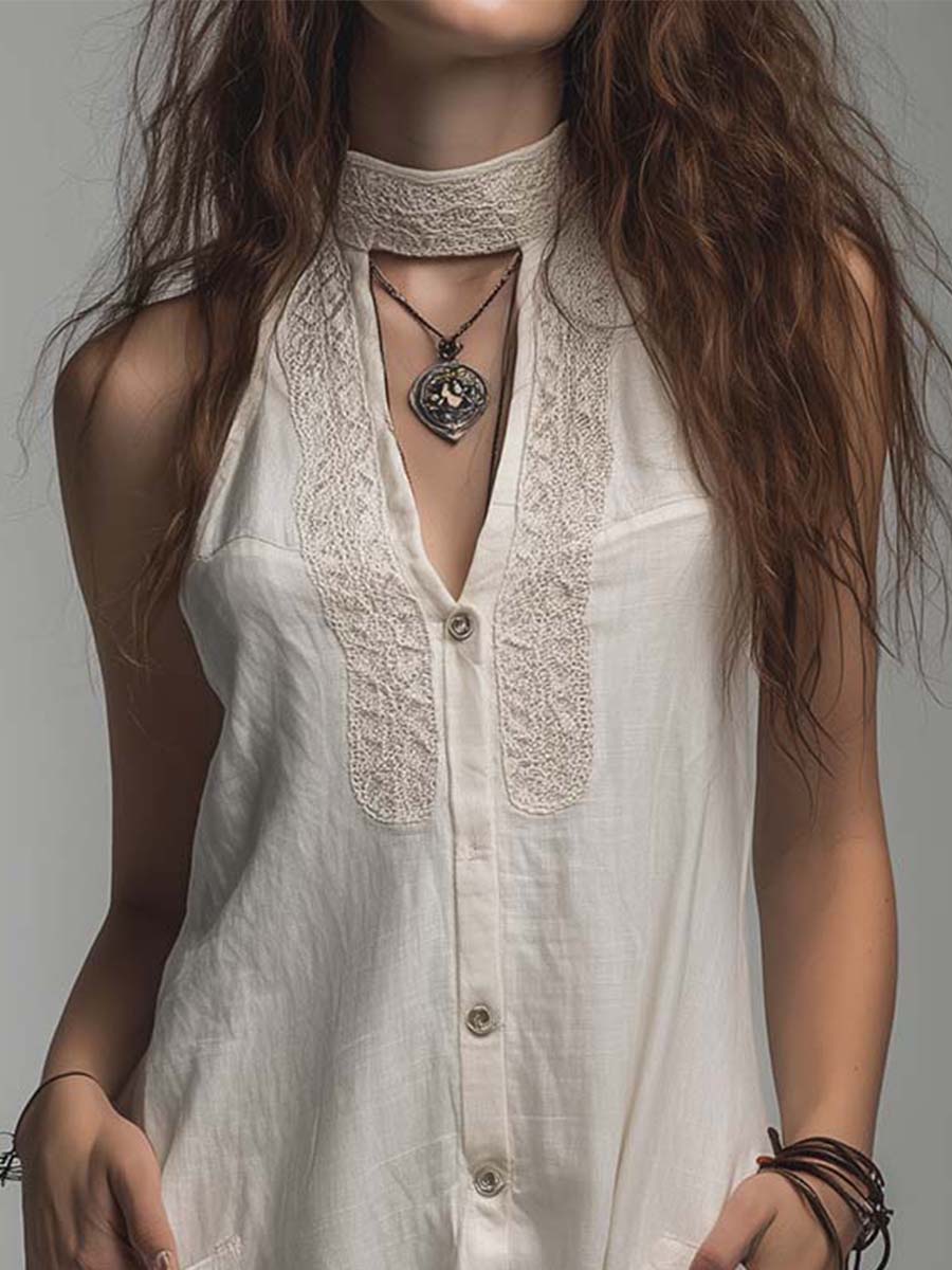 Off-White Linen-Cotton Blend Embroidered Halter Tunic Dress