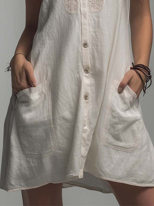Off-White Linen-Cotton Blend Embroidered Halter Tunic Dress