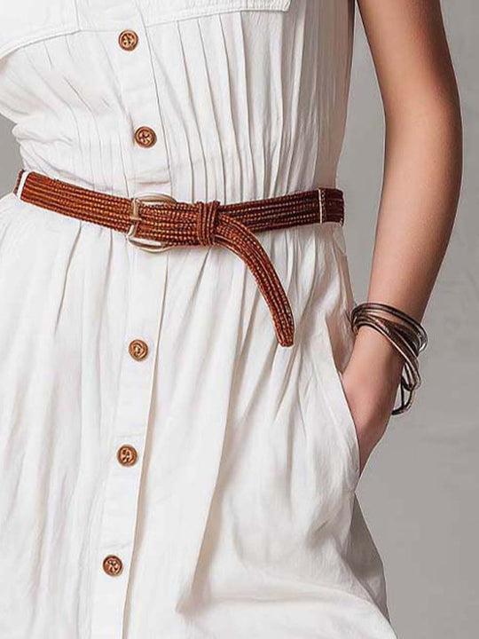 White Cotton Lace-Trimmed Sleeveless Shirtdress With Removable Belt