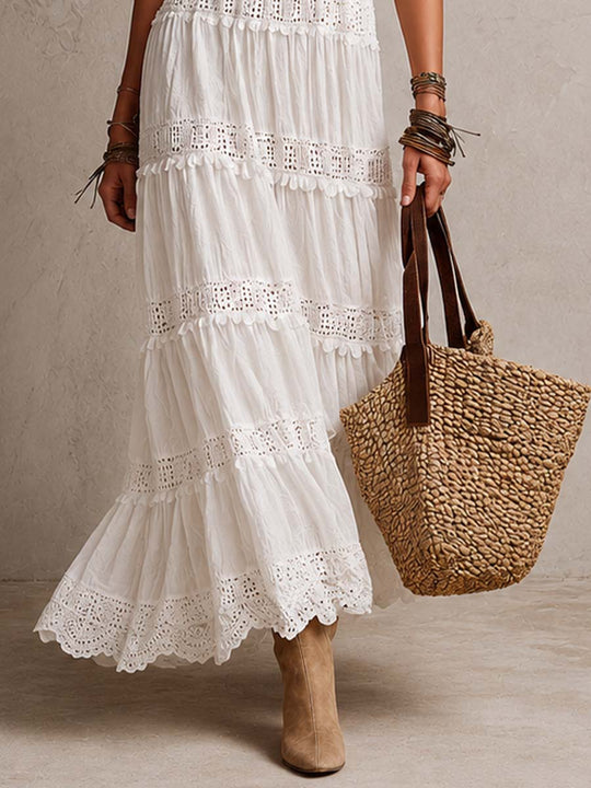 Bohemian Vacation-Style Halter-Neck Cutout Lace Maxi Dress