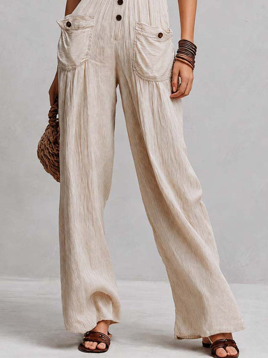 Beige Pinstripe Cotton Halter Lace-Trimmed Wide-Leg Jumpsuit