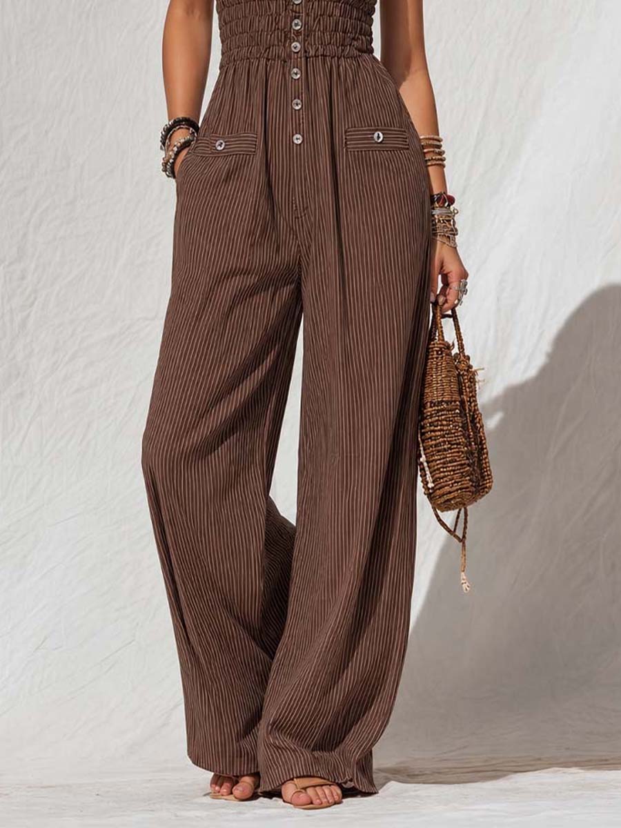Chocolate Brown Pinstripe Cotton Lace-Trimmed Halter Wide-Leg Jumpsuit