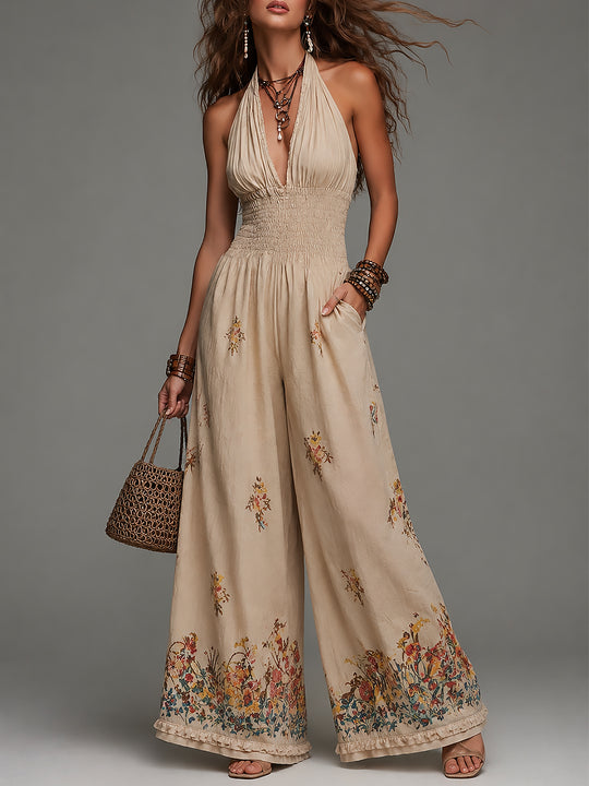 Retro Halter-Neck Shirred Waist Wide-Leg Jumpsuit