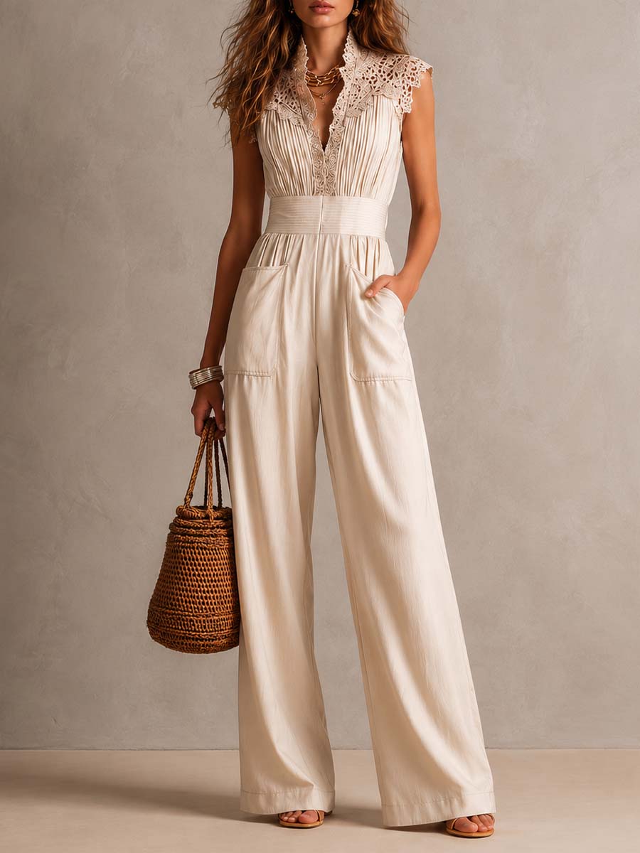 Champagne Lace-Cap-Sleeve Pleated-Waist Wide-Leg Jumpsuit