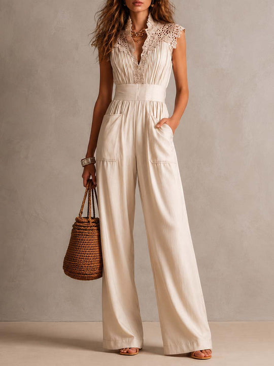Champagne Lace-Cap-Sleeve Pleated-Waist Wide-Leg Jumpsuit