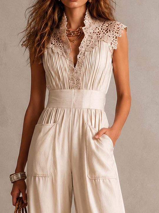 Champagne Lace-Cap-Sleeve Pleated-Waist Wide-Leg Jumpsuit