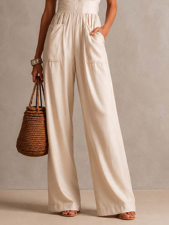 Champagne Lace-Cap-Sleeve Pleated-Waist Wide-Leg Jumpsuit