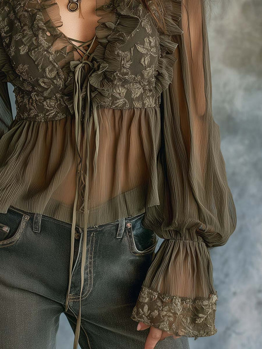 Vintage-Style Embroidered Ruffled Sheer Chiffon Blouse