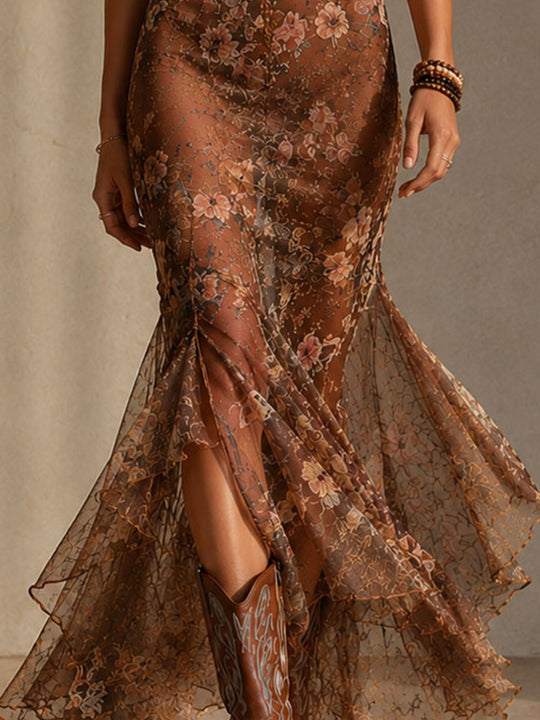Boho Romantic Sheer Brown Floral Corset Bodice Mermaid Dress