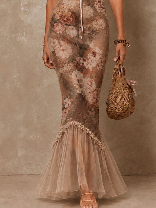 Retro Boho Romantic Sheer Mesh Floral Ruffle Mermaid Maxi Dress