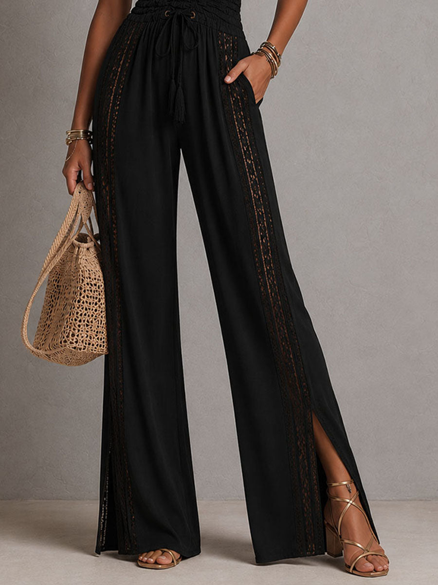 Black Halter Lace Jumpsuit – Deep V Smocked Waist Wide-Leg One-Piece