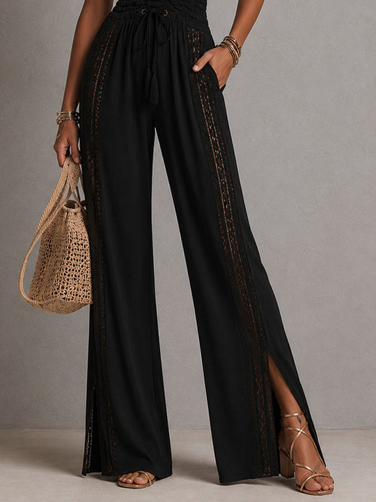 Black Halter Lace Jumpsuit – Deep V Smocked Waist Wide-Leg One-Piece