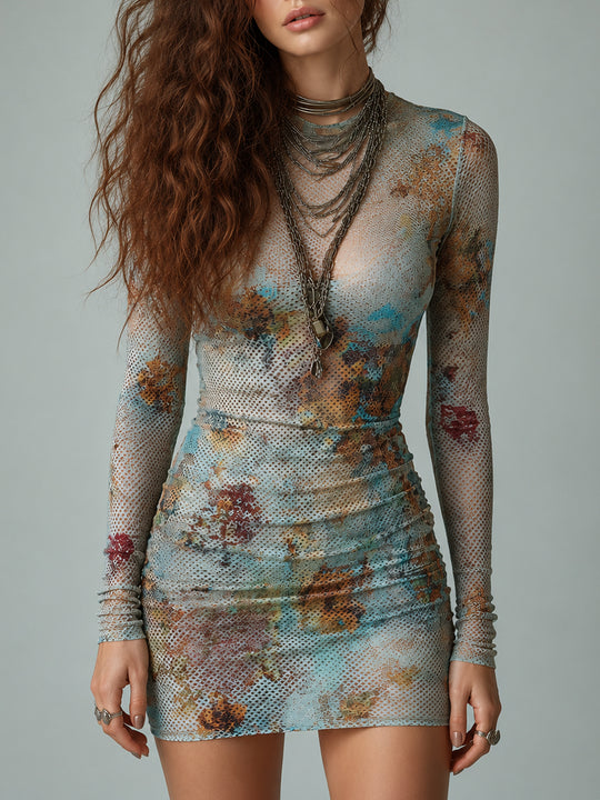 Retro Mesh Print Slim-Fit Long-Sleeve Mini Dress