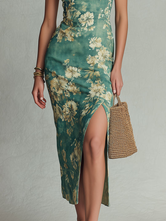 Vintage Floral Print Slit Hem Midi Dress With Lace Trim