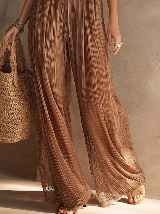 Retro Halter-Neck Lace Trim Pleated Chiffon Two-Piece Set