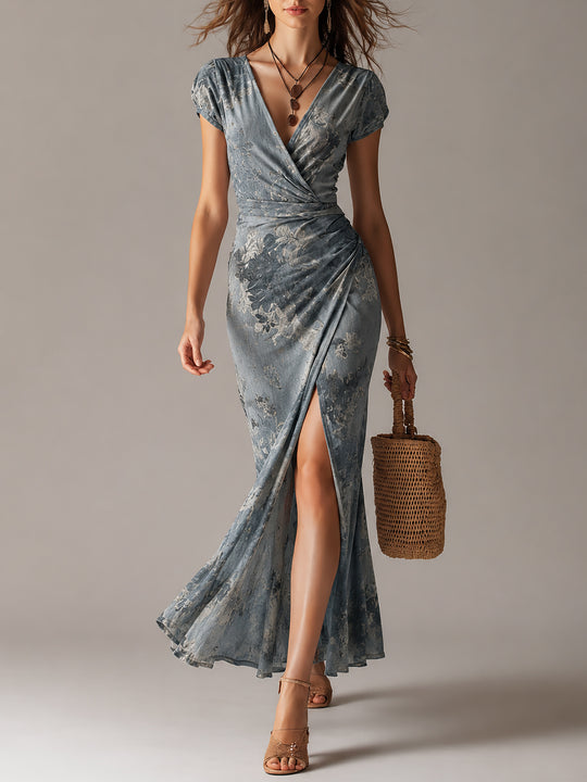 Retro-Print Crossover V-Neck Slit Fishtail Hem Maxi Dress
