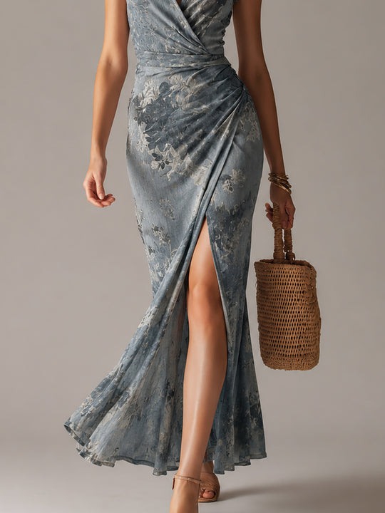 Retro-Print Crossover V-Neck Slit Fishtail Hem Maxi Dress