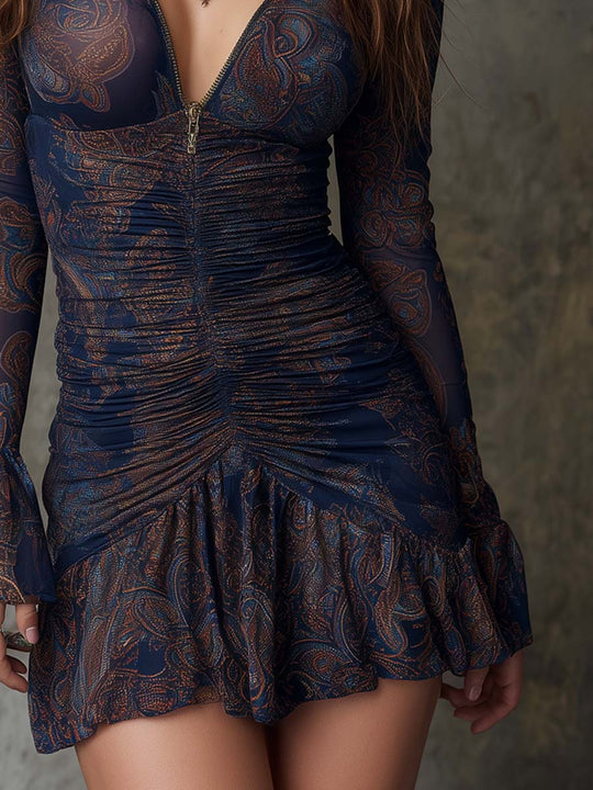 Retro Paisley Printed Mesh Ruched Mini Dress