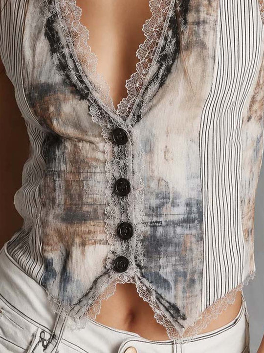 Wash Effect Printed Cotton-Linen Blend Lace-Trimmed Vest