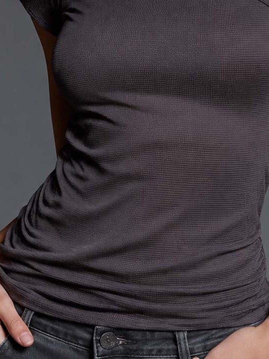 Dark Gray Waffle-Knit Asymmetrical Neck Top With Mesh Sleeves