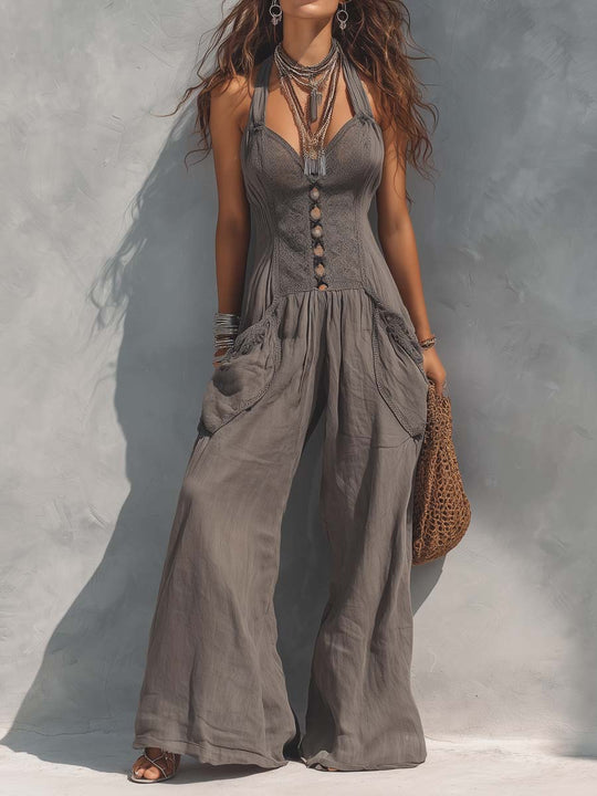 Halter-Neck Lace-Paneled Cotton-Linen Jumpsuit