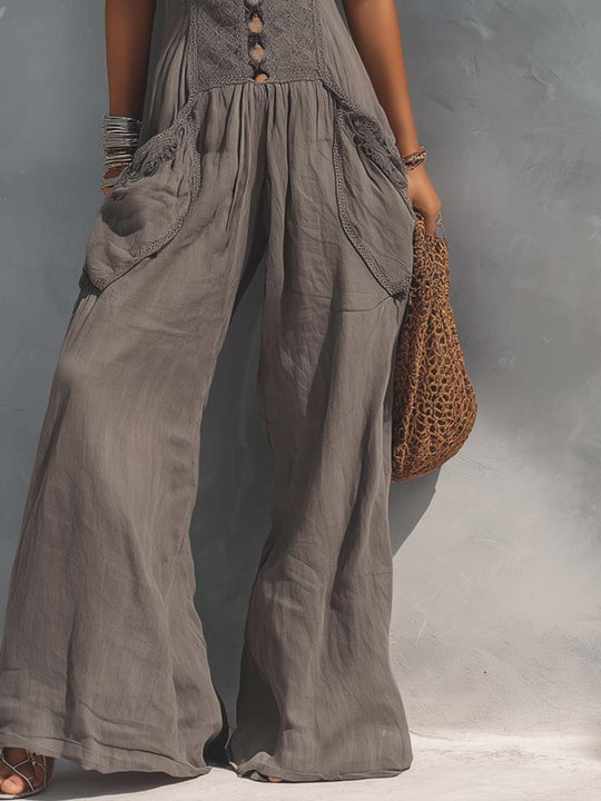 Halter-Neck Lace-Paneled Cotton-Linen Jumpsuit