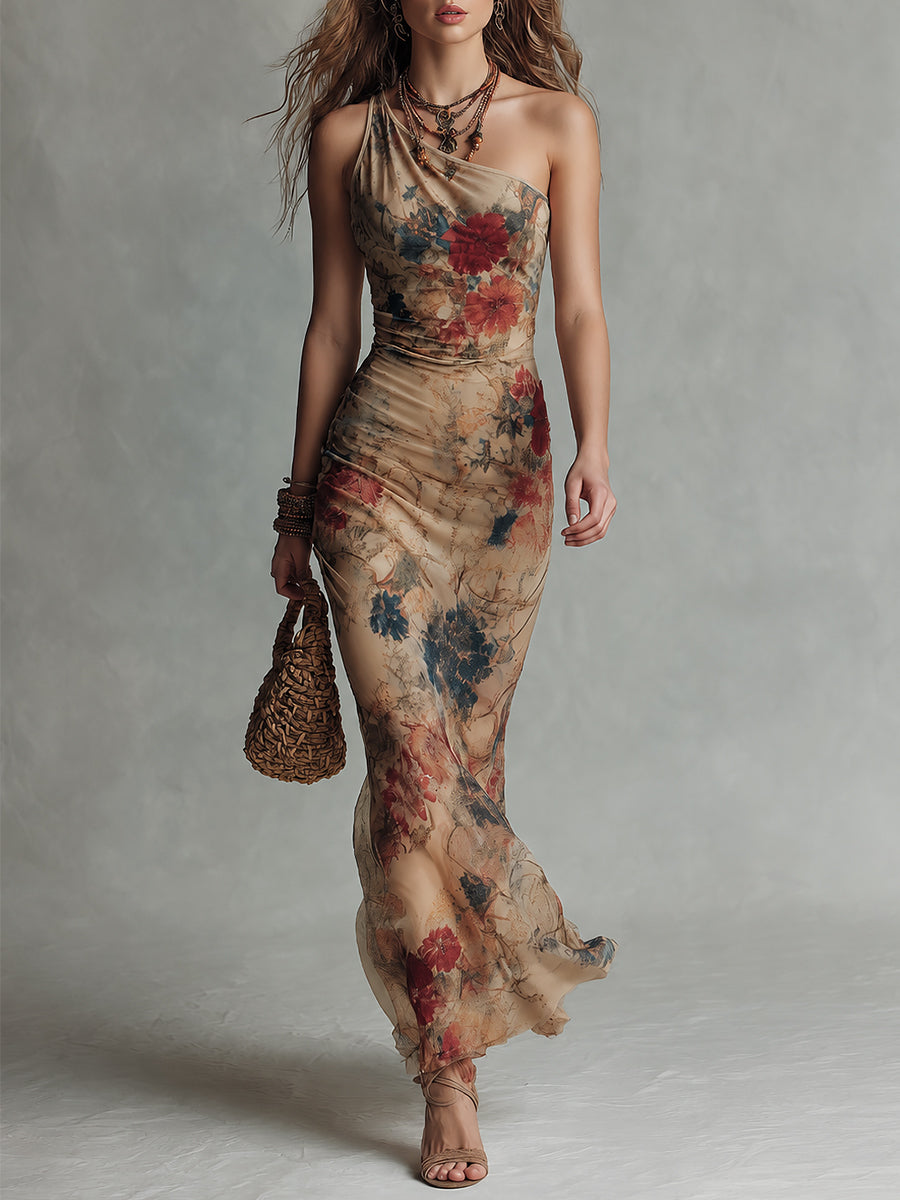 Vintage-Style One-Shoulder Printed Fishtail Maxi Dress