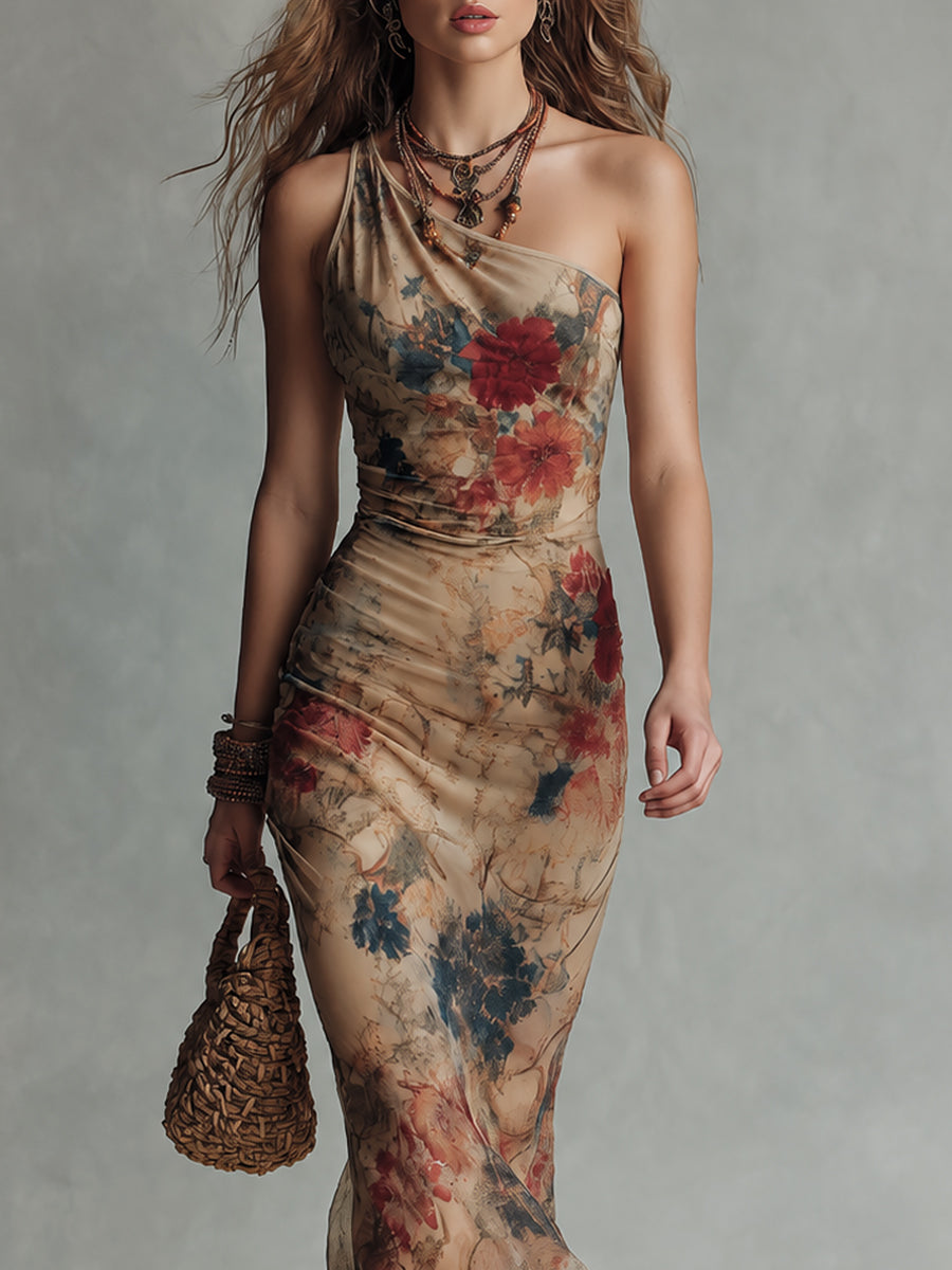 Vintage-Style One-Shoulder Printed Fishtail Maxi Dress