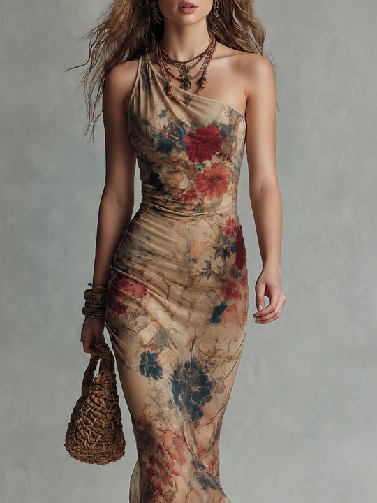 Vintage-Style One-Shoulder Printed Fishtail Maxi Dress