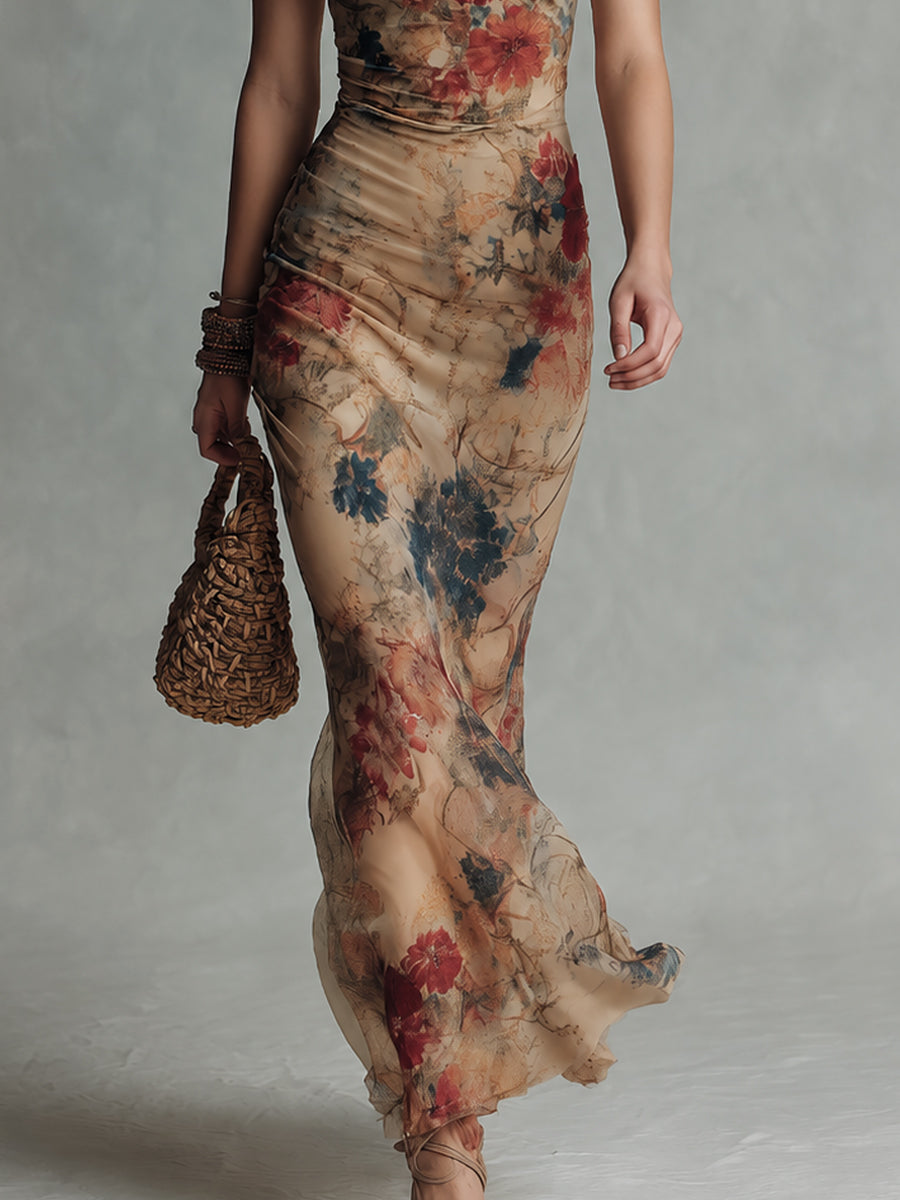 Vintage-Style One-Shoulder Printed Fishtail Maxi Dress
