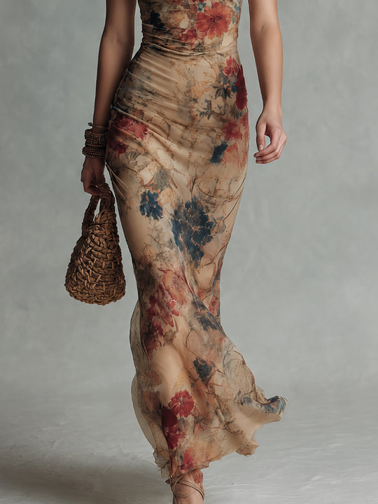 Vintage-Style One-Shoulder Printed Fishtail Maxi Dress