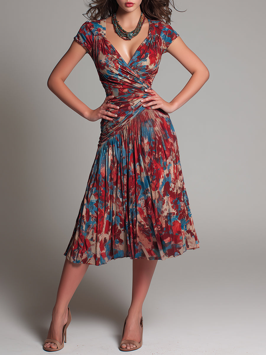 Retro Crossover V-Neck Pleated Printed A-Line Midi Dress