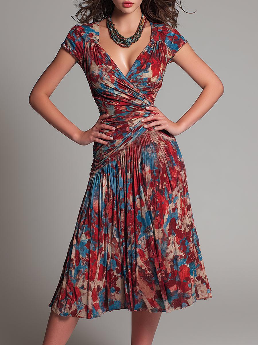 Retro Crossover V-Neck Pleated Printed A-Line Midi Dress