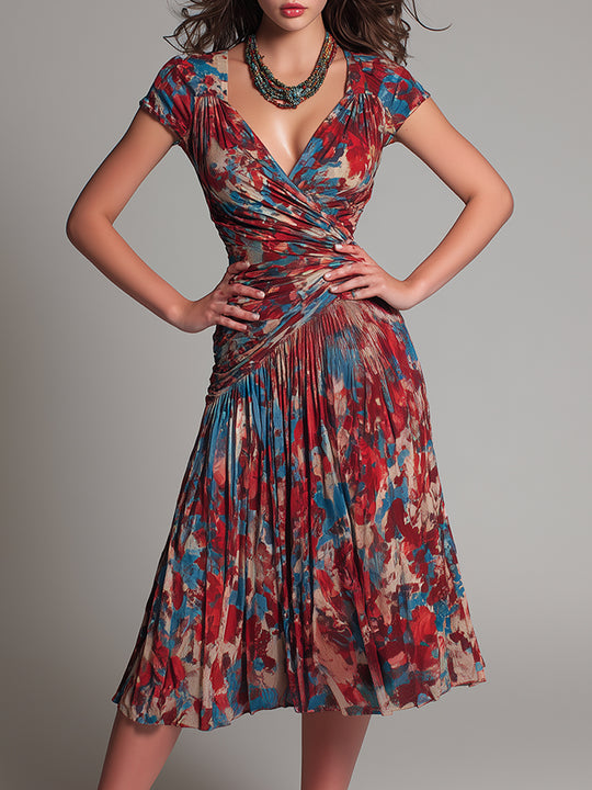 Retro Crossover V-Neck Pleated Printed A-Line Midi Dress