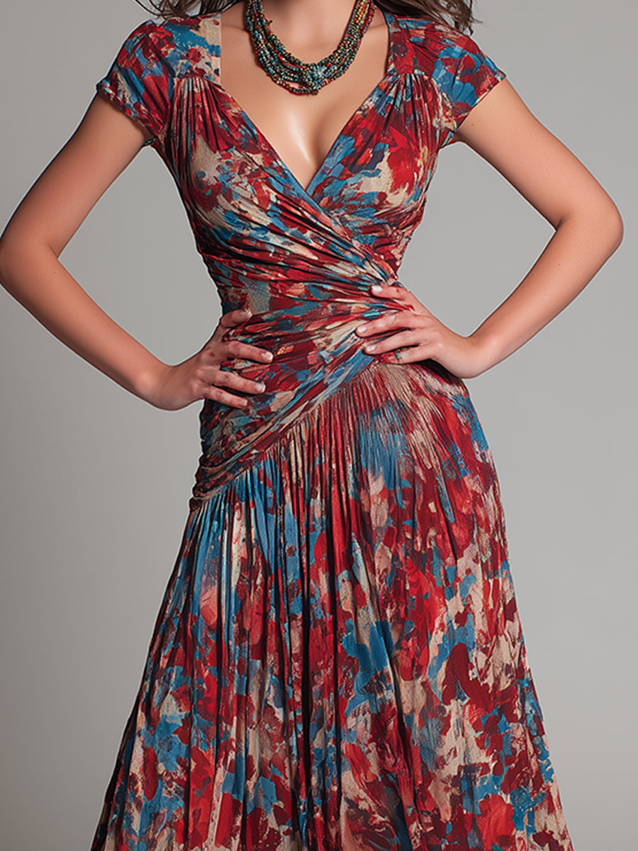 Retro Crossover V-Neck Pleated Printed A-Line Midi Dress