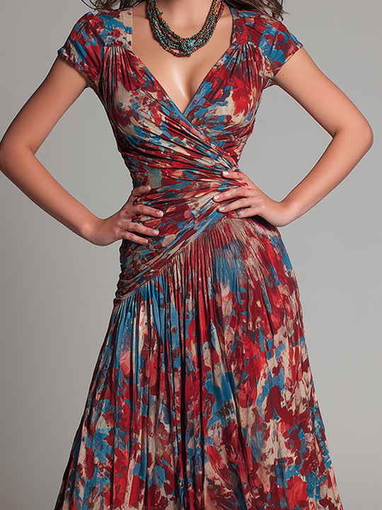 Retro Crossover V-Neck Pleated Printed A-Line Midi Dress