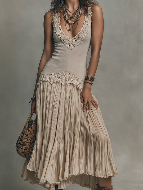 Elegant Lace-Trimmed Ribbed Tank Top & Pleated Skirt Set