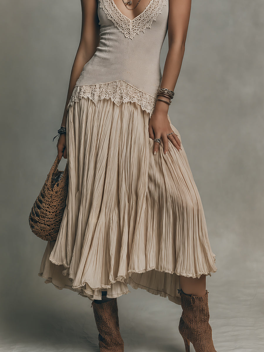 Elegant Lace-Trimmed Ribbed Tank Top & Pleated Skirt Set