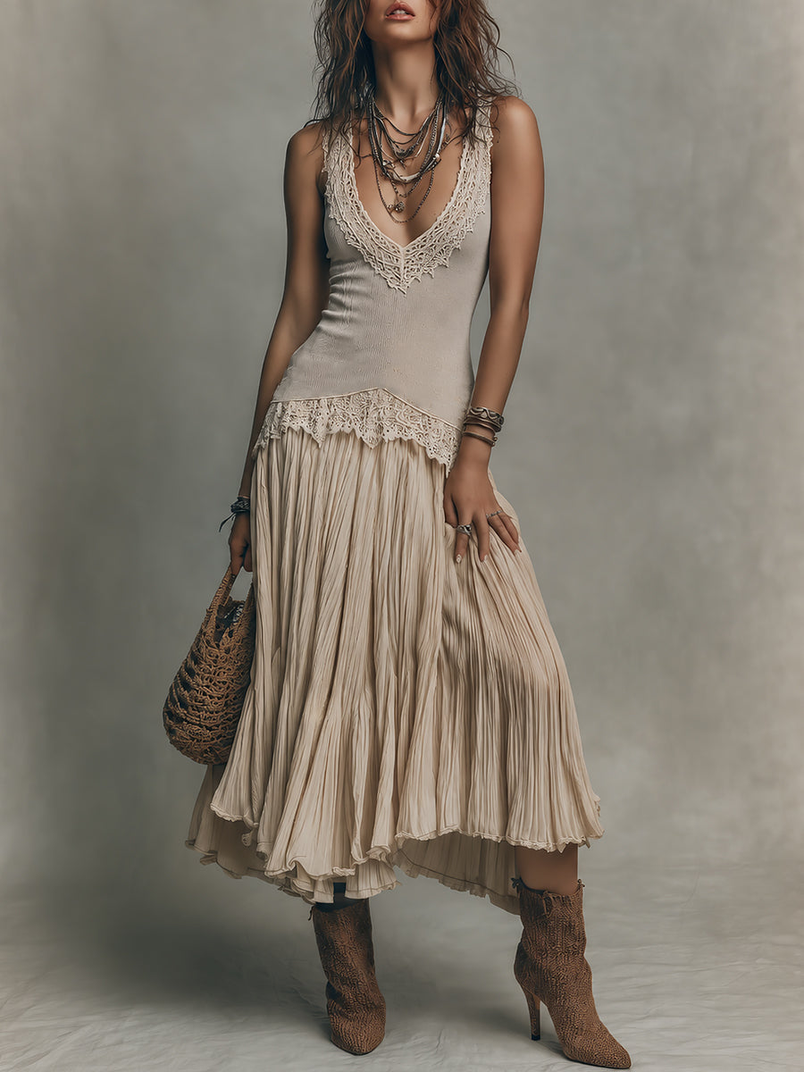 Elegant Lace-Trimmed Ribbed Tank Top & Pleated Skirt Set