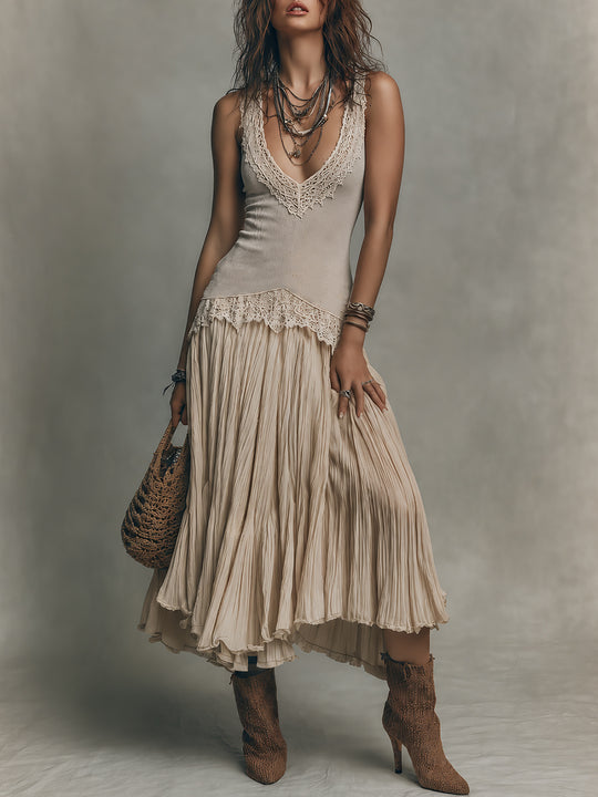 Elegant Lace-Trimmed Ribbed Tank Top & Pleated Skirt Set