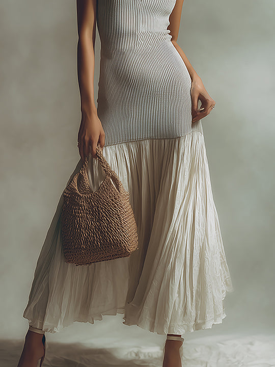 Retro Slim-Fit Ribbed Knit Pleated Hem Maxi Dress