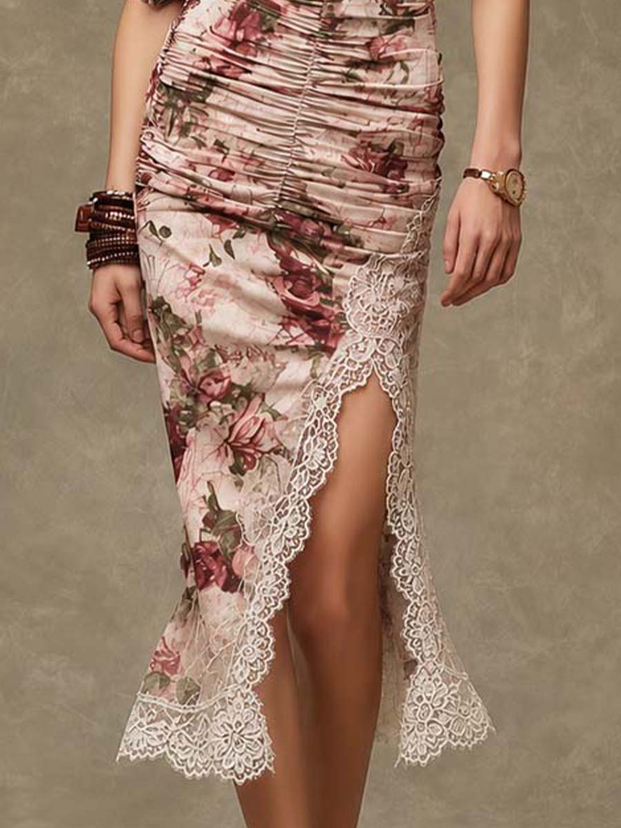 Vintage Floral Halter Neck Ruched Midi Dress With Lace Trim