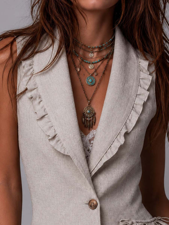 Natural Linen Ruffle-Trimmed Peplum Vest With Lace Hem
