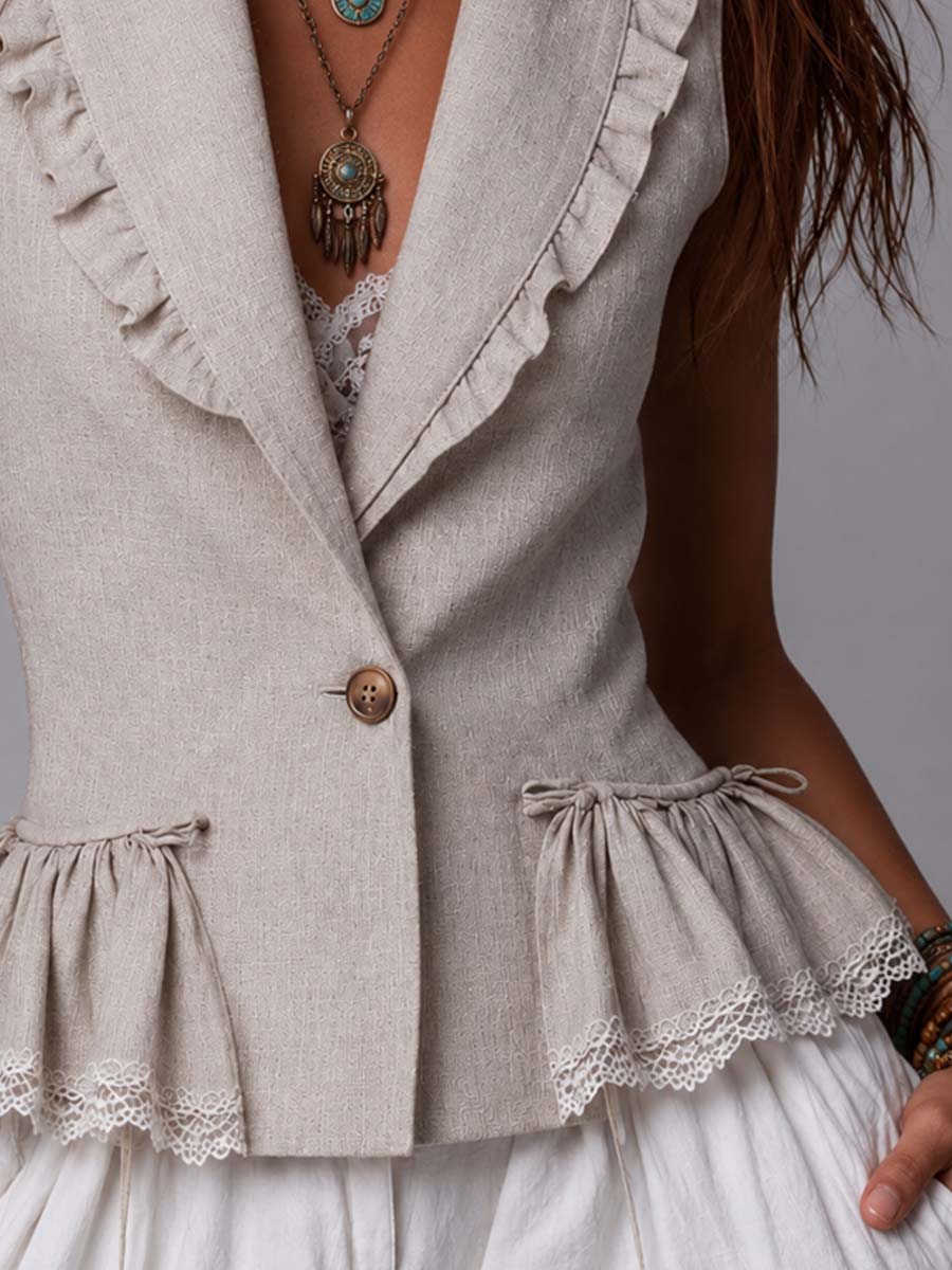 Natural Linen Ruffle-Trimmed Peplum Vest With Lace Hem