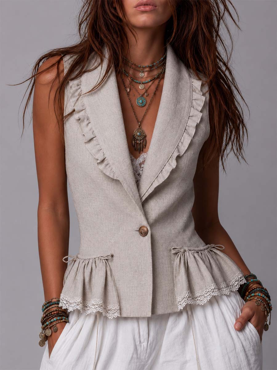 Natural Linen Ruffle-Trimmed Peplum Vest With Lace Hem