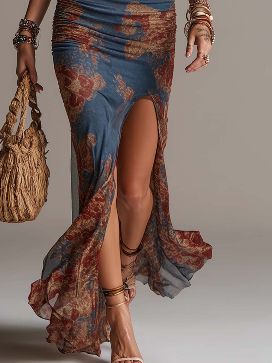 Retro Halter-Neck Floral Print Mesh Flared Maxi Dress